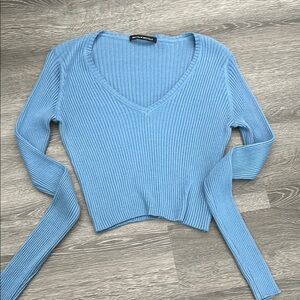 Blue V-Neck Ribbed Sweater Top